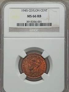 1945 Ceylon Cent, NGC MS 66 RB, Sole Finest @ NGC - Picture 1 of 1