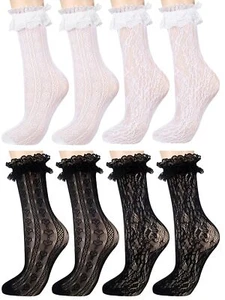 4 Pairs Little Girl Knee High Socks Kids Lace Long Socks Mesh with Bow Ruffle... - Picture 1 of 7