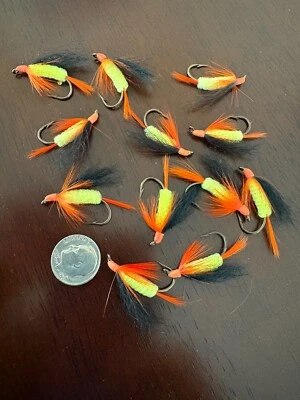 Pesca a mosca trucha naranja moscas demonio talla #4 ganchos mostaza, hechos en EE. UU., 12 piezas Foto 1 de 4