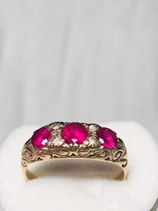 9CT 9K GOLD INDIAN RUBY & DIAMOND ART DECO VICTORIAN Antique RING R - Picture 1 of 10