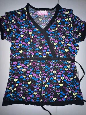 Koi by Kathy Peterson Hearts Scrub Top X-Small Short Sleeve Side Tie Women's - Image 1 of 4