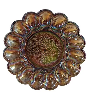 Vintage Indiana Carnival Glass Iridescent Amber Hobnail 15 Egg Plate 11" - Picture 1 of 6