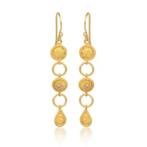 Dainty & Minimalist Bezel White Topaz Open Circle Long Drop Pear Charm Earrings - Picture 1 of 6