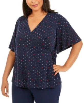 Charter Club Women Wrap Top Plus Size 4X Plus With Red Heart Print Flared Sleeve - Image 1 of 4
