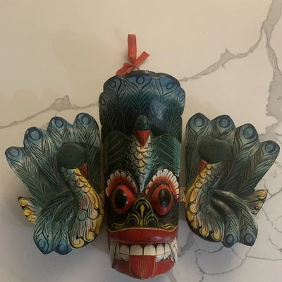 Ceylon Devil Face Mask Traditional Peacock Devil Mask Wood Handmade Sri Lankan - Image 1 of 4