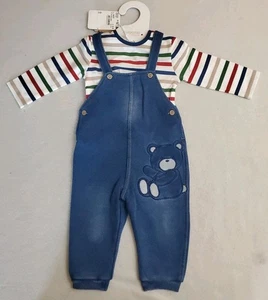 Mayoral Baby Outfit Blue Jean Overalls Stripe Shirt. Quality 6-9 Months Bear - Picture 1 of 5