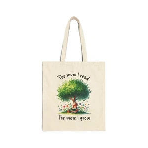 Children's Library Book Bag, Bookworm Canvas Tote Bag, Child Reading Under Tree - Picture 1 of 4