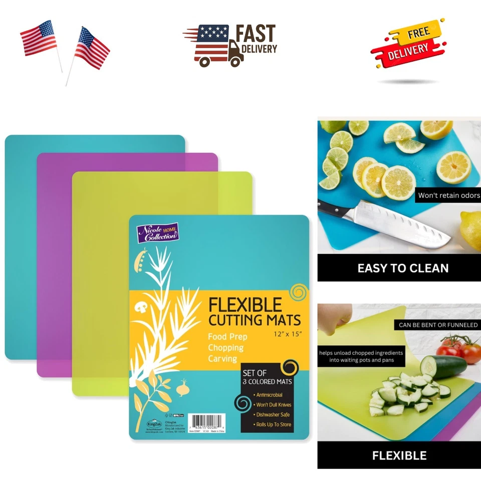 Набор из 3 гибких ковриков для резки без бисфенола — кухонные доски с цветовой кодировкой 12 x 15 дюймов - Изображение 1 из 4