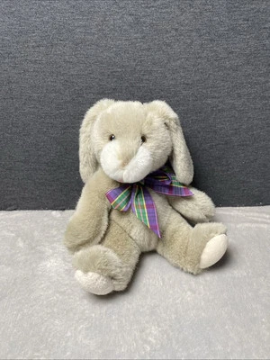 Commonwealth Gray Bunny Plush Lop Eared Rabbit Plaid Bow Sitting 8" Vintage 1993 - Image 1 of 4