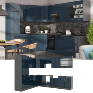 Eckküche FameLine Anthrazit Dunkelblau Hochglanz 287x227 mit Arbeitsplatte Vicco - Bild 1 von 9