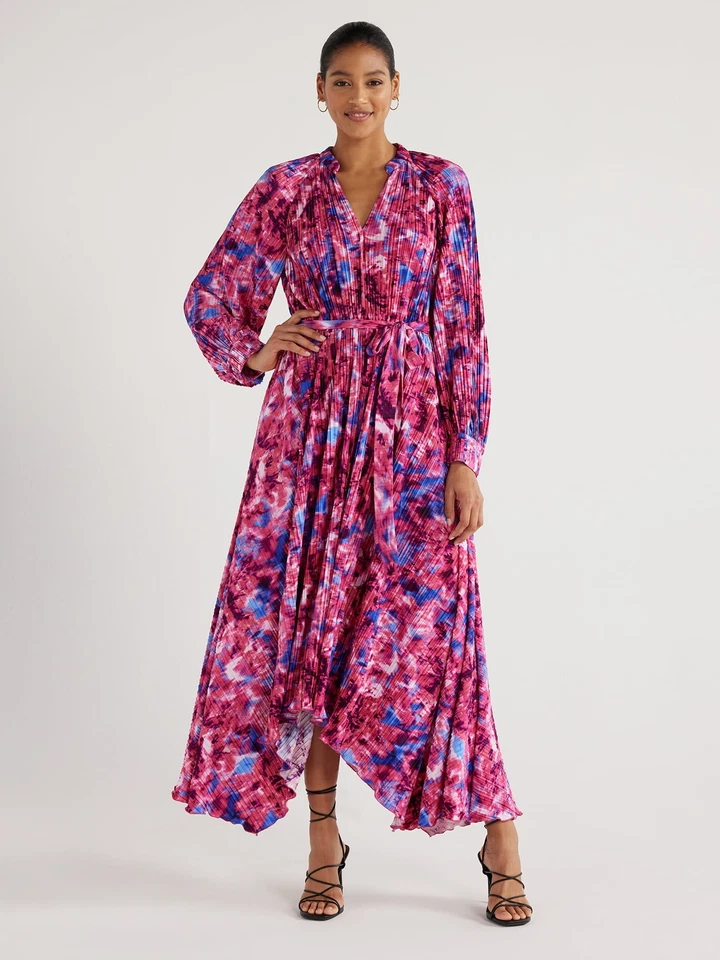 Scoop Dress Women’s Size S Pleated Handkerchief Hem with Long Sleeves Y2