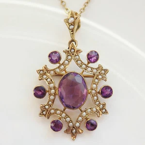 Feine antike edwardianische Halskette 9 kt Gold Amethyst & Perle durchbrochen Anhänger um 1910 - Bild 1 von 7