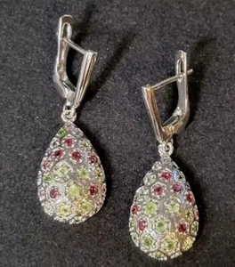 Peridot & Rhodolite Garnet 925 Sterling Silver Leverback Earrings 2764 - Picture 1 of 6