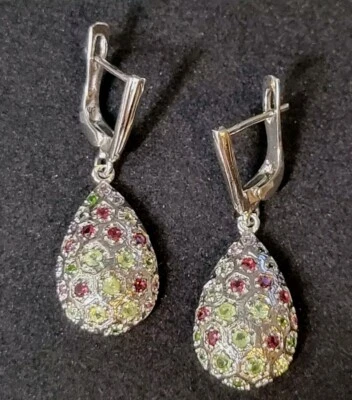 Peridot & Rhodolite Garnet 925 Sterling Silver Leverback Earrings 2764 - Image 1 of 4