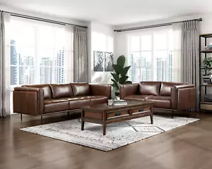 BROWN TOP GRAIN LEATHER MATCH LOW PROFILE SOFA LOVESEAT LIVINGROOM FURNITURE SET - Picture 1 of 8