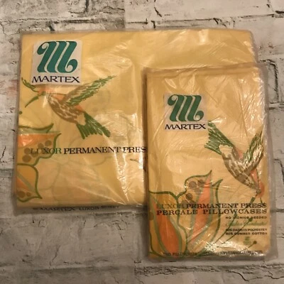 VTG Martex Percale Yellow w Birds & Flower Design Queen Flat Sheet & Pillocases - Image 1 of 4