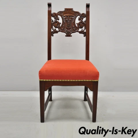 Antique Renaissance Revival Lion Northwind Carved Walnut Figural Side Chair Cover