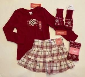 NWT Gymboree Alpine Sweetie 4 4T Red Heart Waffle Tee Plaid Skirt Tights Gloves - Picture 1 of 6