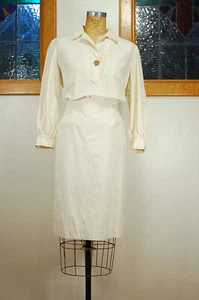 Vintage 60s Natural Cotton Isabel Collins for Joseph Magnin Blouse Skirt Set M - Picture 1 of 16