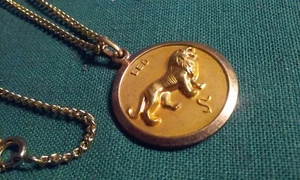 Vintage 1960s Double Sided Leo Lion Zodiac &Aztec Calendar Pendant 16” Necklace - Picture 1 of 6