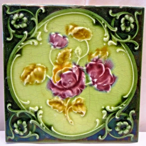 Antique Tile Majolica England Art Nouveau Ceramic Porcelain Purple Rose Old" 107 Cover
