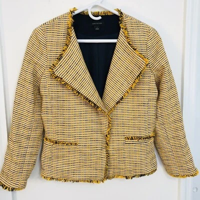Ann Taylor Womens Yellow Navy Blue Tweed Fringe Open Front Blazer Jacket Size 2 - Image 1 of 4