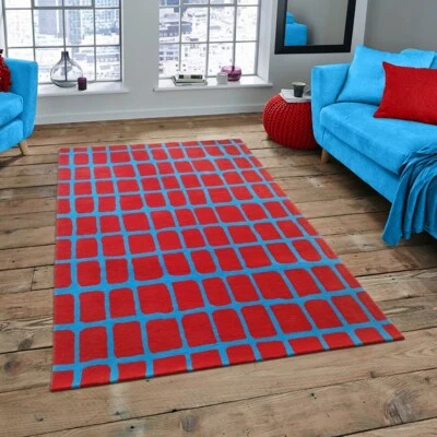 handgetufteter Teppich geometrisches Design rot und blau reine neuseeländisch... - Bild 1 von 4