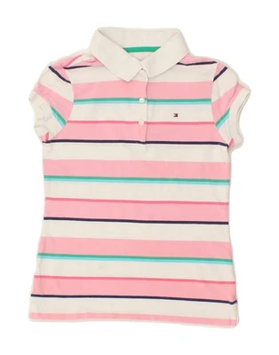TOMMY HILFIGER Girls Polo Shirt 8-9 Years Medium Pink Striped Cotton AL09 - Image 1 of 3