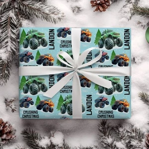 Personalized Monster Truck Christmas Wrapping Paper, Custom Name Boys Gift Wrap - Picture 1 of 6