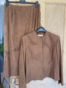 Jacques Vert Vintage Soft Brown Faux Suede Collarless Jacket Long Skirt Size 18 - Picture 1 of 22