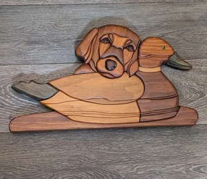Labrador Dog Duck Wood Handmade Intarsia Plaque Marquetry 16”X9” Hunting Cabin - Picture 1 of 11