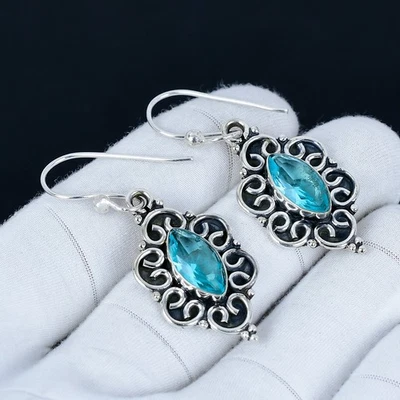 Orecchini In Topazio Blu In Argento Sterling 925 Per Regali Di Anniversario - Immagine 1 di 4