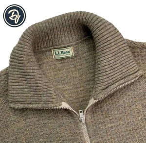 VTG Medium LL Bean Light Brown Waffle Knit 100 % Wool Full Zip Cardigan Made USA - Picture 1 of 10