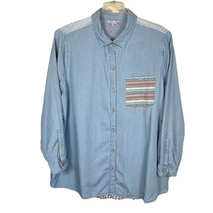 John Mark Chambray Tunic Top Size XL Blue Mixed Print Boho Lagenlook Cottagecore - Picture 1 of 14