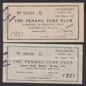 Malaya THE PENANG TURF CLUB 1953 $1 Sweep tickets (4) - Picture 1 of 4