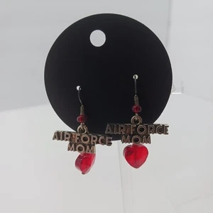 Air Force Mom Handmade Earrings Silver Tone Red Heart Glass Dangling - Picture 1 of 1