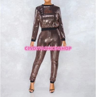 Conjunto de 2 piezas de top + pantalones de manga larga con lentejuelas para mujer de EE. UU. #Q5 Foto 1 de 3