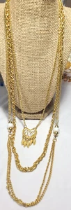 Vintage Gold White Enamel Pendant Beaded Multi Chain Necklace Goldette? 32" - Picture 1 of 9