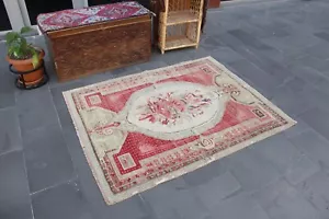 Turkish vintage area rug, Handmade wool rug Boho home decor 4.2 x 5.4 ft MB13773 - Picture 1 of 9