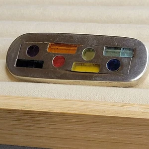 Spilla da bar messicana in argento 925 inserti geometrici colorati TR 45 2 1/2" x 1" - Foto 1 di 11