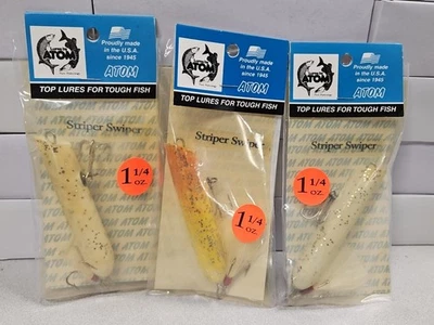 (3) 复古 ATOM 1/4 盎司。 STRIPER SWIPER Big Game Baits...黄色红色头...NOS! — 第 1/2 张图片