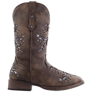 Roper Kennedy Glitter Tooled Inlay Square Toe Pull On Cowboy Womens Brown Casua - Picture 1 of 7