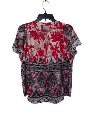 M Maeve Anthropologie Rojo Tostado Negro Top Blusa Camisa Mangas Acampanadas Foto 1 de 4