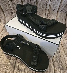 GUESS Avin Black Fabric Platform Sandals Women’s Size 8.5M Logo Straps Shoes(5) - Picture 1 of 10