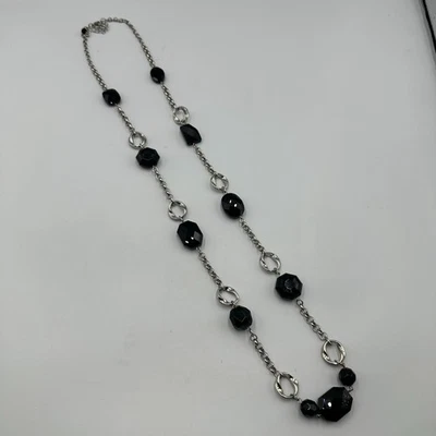 WHBM Necklace Silver Tone Black Faceted Beads Long Chain Station 34 Inch - Image 1 of 4