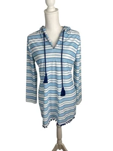 NWOT Cabana Life Jewel Bay Stripe Hooded Coverup Size Small Tassels Blue White - Picture 1 of 10