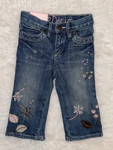 BABY GAP GIRLS 12-18 MONTH JEANS EMBROIDERED DANDELION PUFFS LEAVES STRAIGHT LEG - Picture 1 of 2