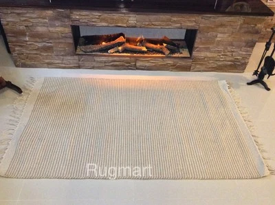 Eco Friendly Natural Striped Recycled Cotton Rich Jute Cream Beige Washable Rugs - Image 1 of 4