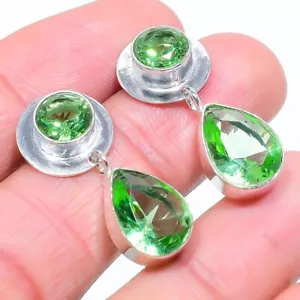 Green Tsavorite Gemstone 925 Sterling Silver Jewelry Stud Earring Size 1.2" - Picture 1 of 1