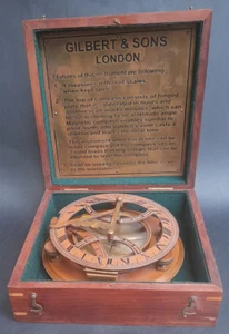 Gilbert & Sons Brass 7.5 Inch Sundial Compass With Wood Box Vintage Collectables - Picture 1 of 18